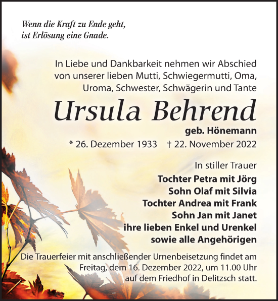 Traueranzeige von Ursula Behrend von Leipziger Volkszeitung