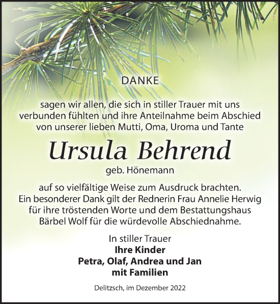 Traueranzeige von Ursula Behrend von Leipziger Volkszeitung