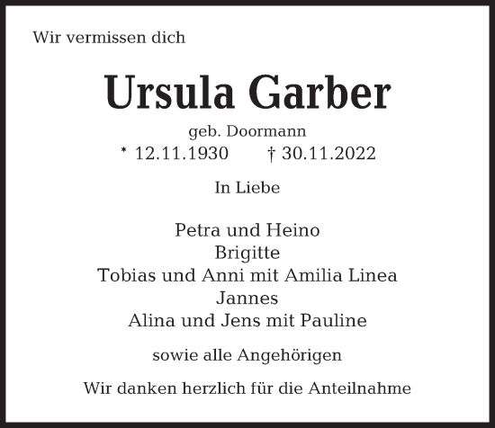Traueranzeige von Ursula Garber von Kieler Nachrichten