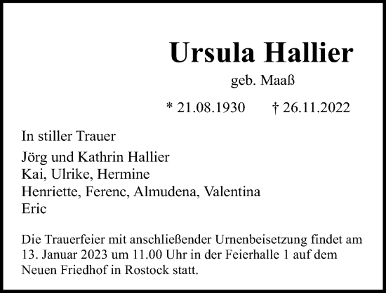 Traueranzeige von Ursula Hallier von Ostsee-Zeitung GmbH