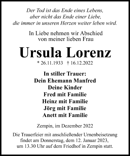 Traueranzeigen Von Ursula Lorenz Trauer Anzeigende 