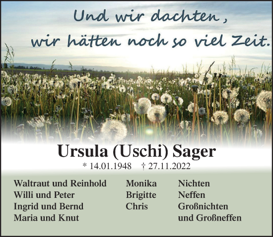 Traueranzeige von Ursula Sager von Lübecker Nachrichten