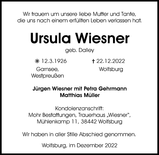 Traueranzeige von Ursula Wiesner von Aller Zeitung