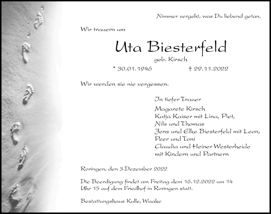 Traueranzeige von Uta Biesterfeld von Göttinger Tageblatt