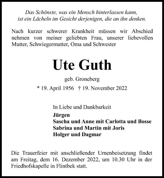 Traueranzeige von Ute Guth von Kieler Nachrichten