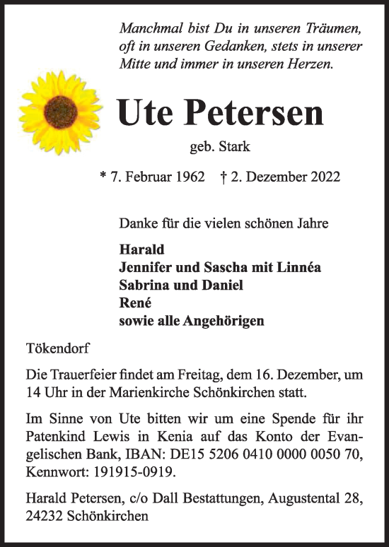 Traueranzeige von Ute Petersen von Kieler Nachrichten
