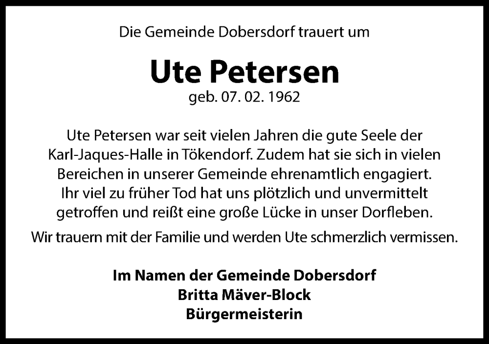  Traueranzeige für Ute Petersen vom 14.12.2022 aus Kieler Nachrichten