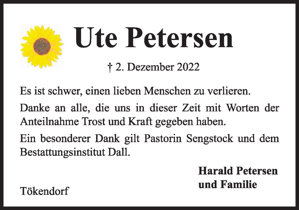  Traueranzeige für Ute Petersen vom 31.12.2022 aus Kieler Nachrichten