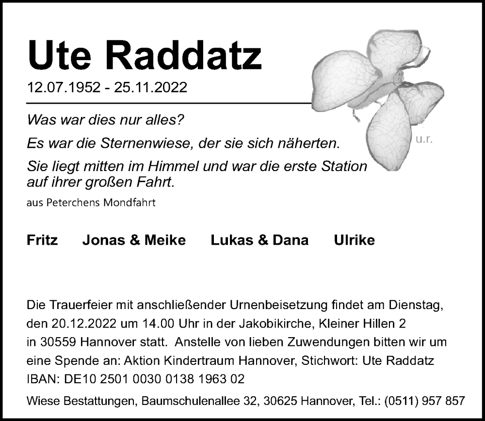  Traueranzeige für Ute Raddatz vom 10.12.2022 aus Hannoversche Allgemeine Zeitung/Neue Presse