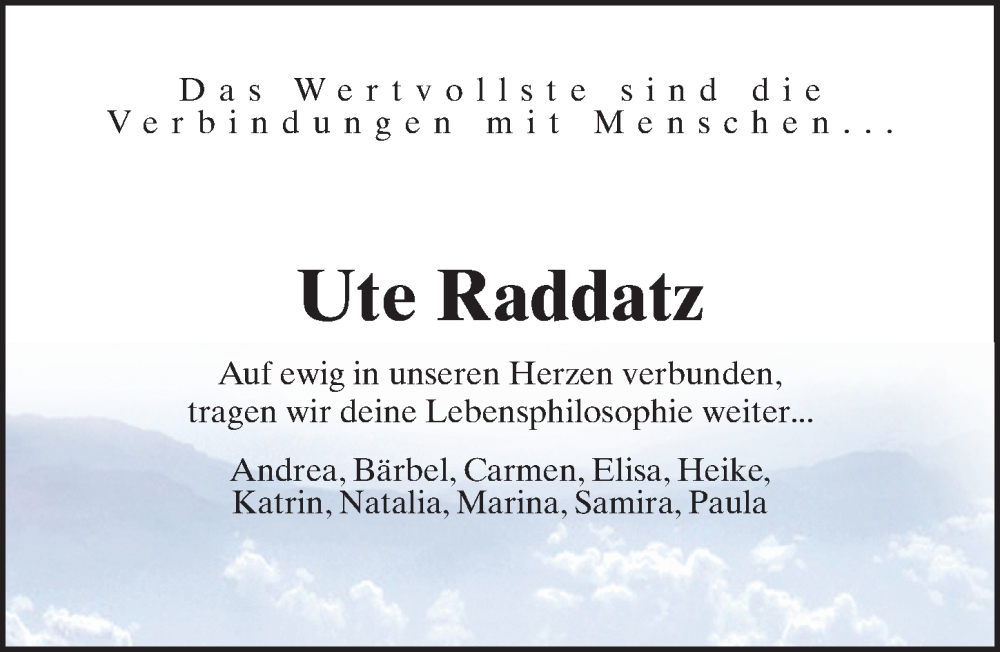  Traueranzeige für Ute Raddatz vom 10.12.2022 aus Hannoversche Allgemeine Zeitung/Neue Presse