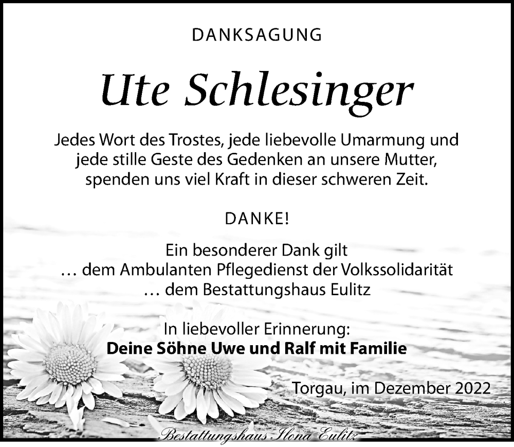  Traueranzeige für Ute Schlesinger vom 17.12.2022 aus Torgauer Zeitung