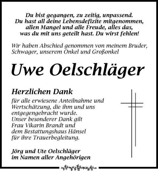 Traueranzeige von Uwe Oelschläger von Leipziger Volkszeitung