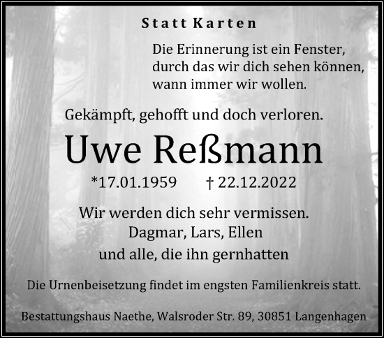 Traueranzeige von Uwe Reßmann von Hannoversche Allgemeine Zeitung/Neue Presse