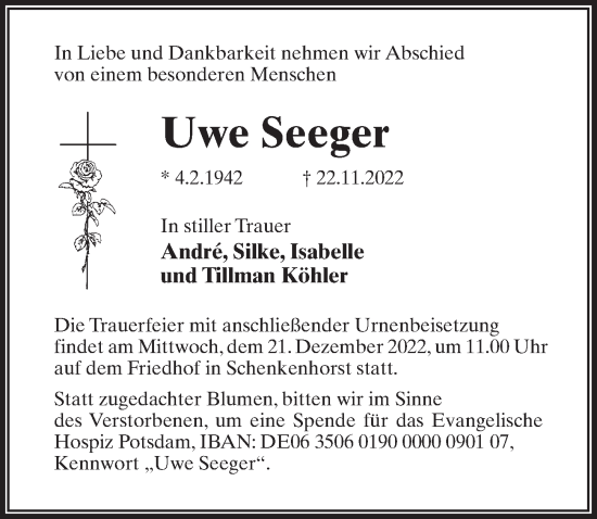 Traueranzeige von Uwe Seeger von Märkischen Allgemeine Zeitung