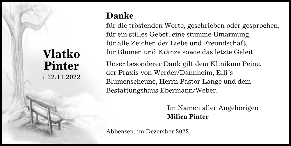  Traueranzeige für Vlatko Pinter vom 17.12.2022 aus Peiner Allgemeine Zeitung