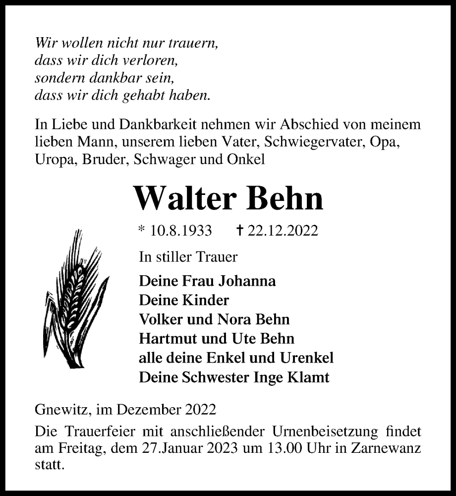  Traueranzeige für Walter Behn vom 31.12.2022 aus Ostsee-Zeitung GmbH