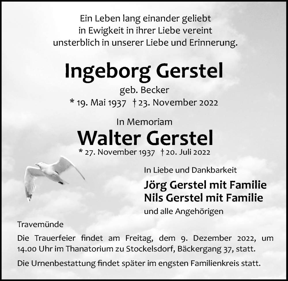  Traueranzeige für Walter Gerstel vom 04.12.2022 aus Lübecker Nachrichten