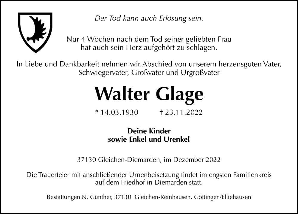  Traueranzeige für Walter Glage vom 03.12.2022 aus Göttinger Tageblatt