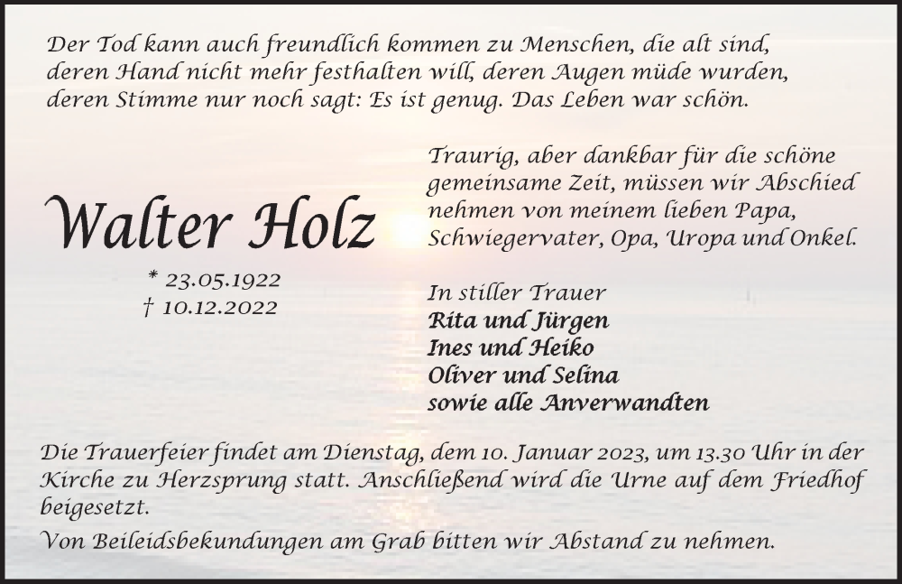  Traueranzeige für Walter Holz vom 24.12.2022 aus Märkischen Allgemeine Zeitung
