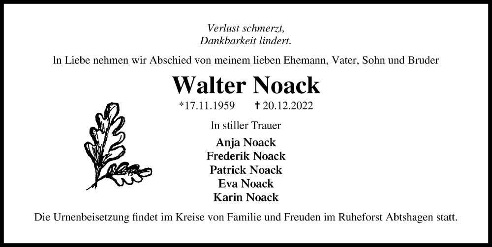  Traueranzeige für Walter Noack vom 31.12.2022 aus Ostsee-Zeitung GmbH