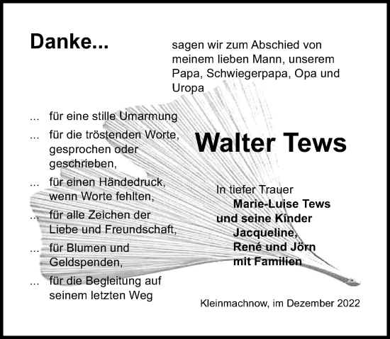 Traueranzeige von Walter Tews von Märkischen Allgemeine Zeitung