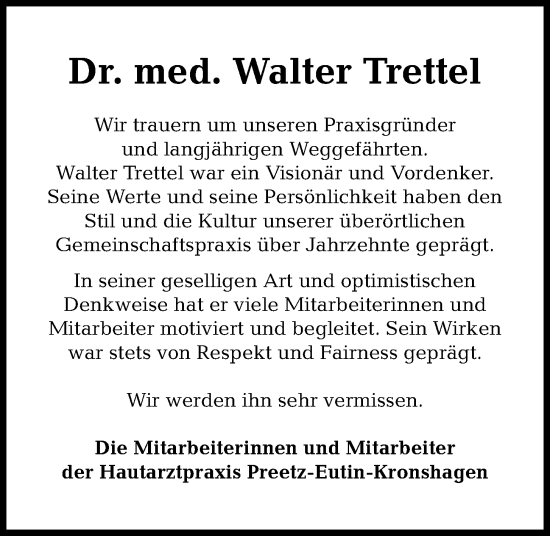 Traueranzeige von Walter Trettel von Kieler Nachrichten