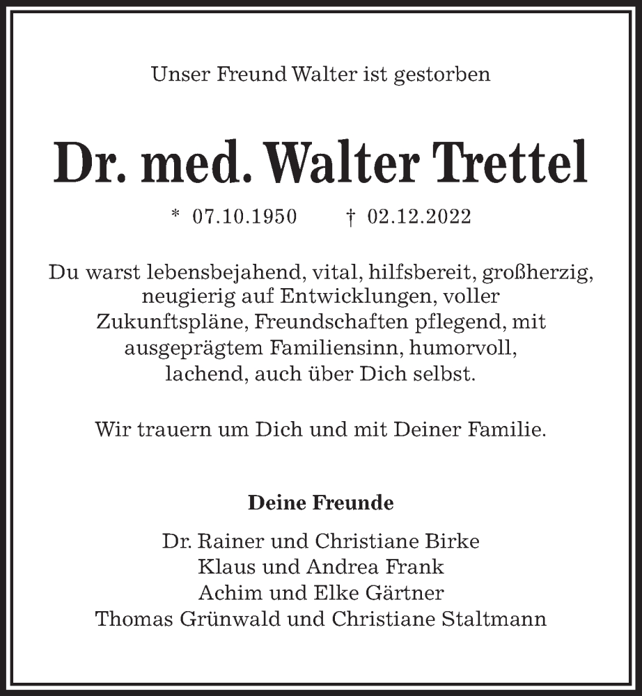  Traueranzeige für Walter Trettel vom 10.12.2022 aus Kieler Nachrichten