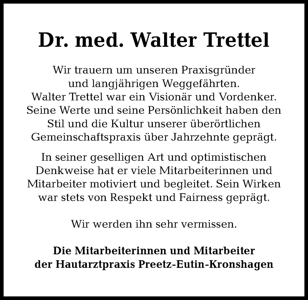  Traueranzeige für Walter Trettel vom 10.12.2022 aus Kieler Nachrichten