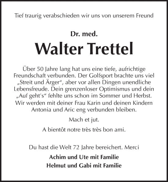 Traueranzeige von Walter Trettel von Kieler Nachrichten