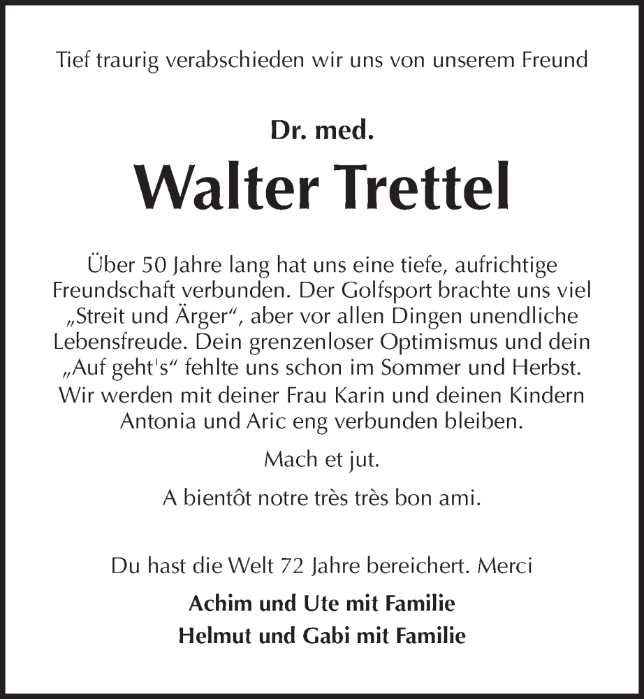  Traueranzeige für Walter Trettel vom 14.12.2022 aus Kieler Nachrichten