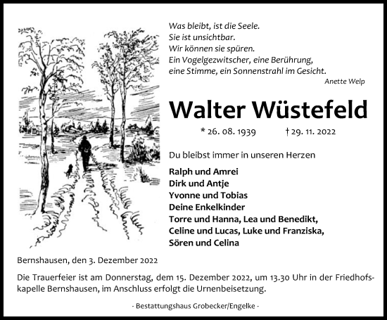 Traueranzeige von Walter Wüstefeld von Eichsfelder Tageblatt