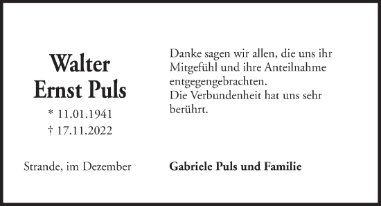 Traueranzeige von Walter Ernst Puls von Kieler Nachrichten