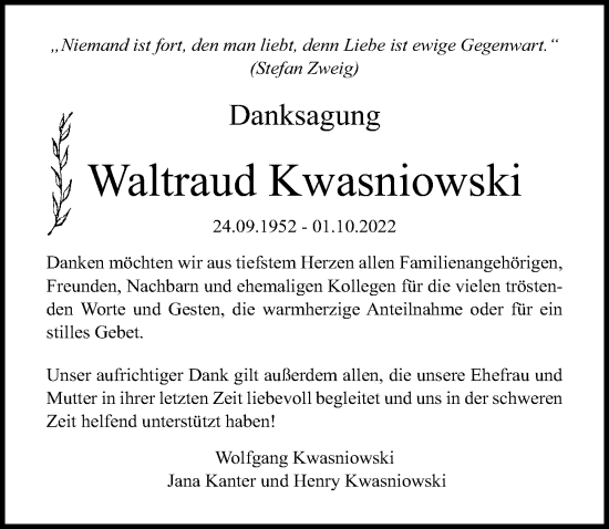 Traueranzeige von Waltraud Kwasniowski von Ostsee-Zeitung GmbH