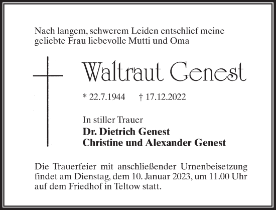 Traueranzeige von Waltraut Genest von Märkischen Allgemeine Zeitung