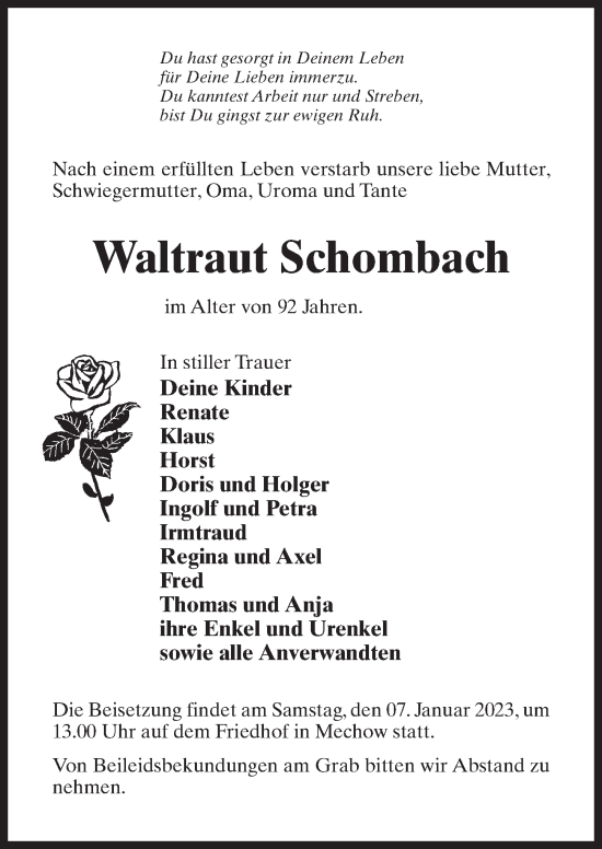 Traueranzeige von Waltraut Schombach von Märkischen Allgemeine Zeitung