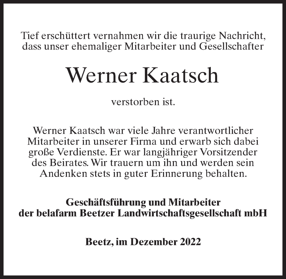  Traueranzeige für Werner Kaatsch vom 24.12.2022 aus Märkischen Allgemeine Zeitung