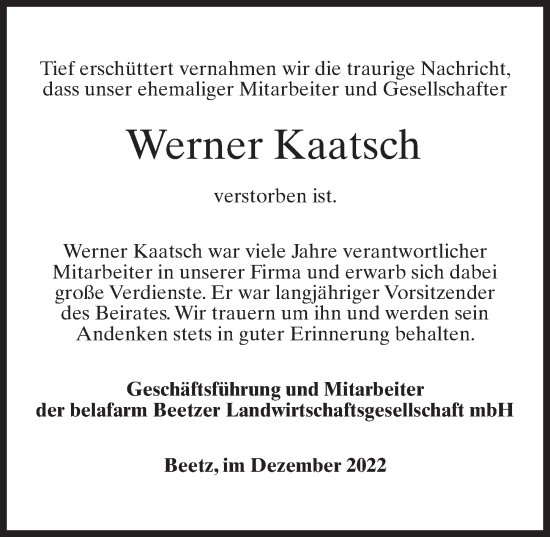 Traueranzeige von Werner Kaatsch von Märkischen Allgemeine Zeitung