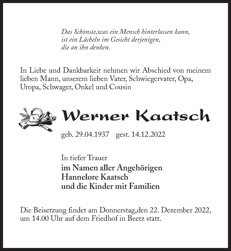  Traueranzeige für Werner Kaatsch vom 17.12.2022 aus Märkischen Allgemeine Zeitung