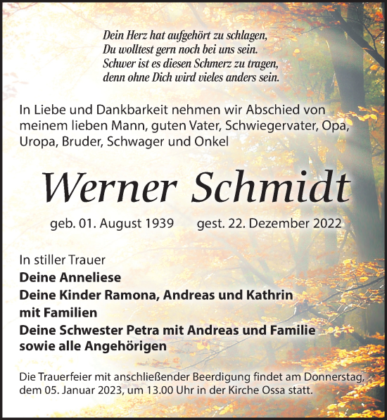 Traueranzeige von Werner Schmidt von Leipziger Volkszeitung