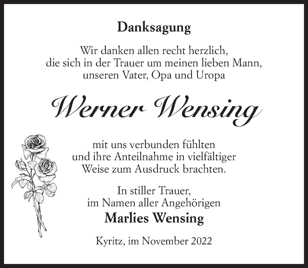  Traueranzeige für Werner Wensing vom 03.12.2022 aus Märkischen Allgemeine Zeitung