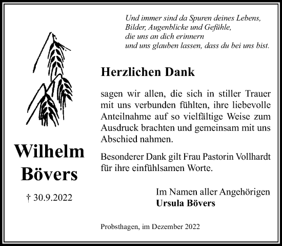 Traueranzeige von Wilhelm Bövers von Schaumburger Nachrichten