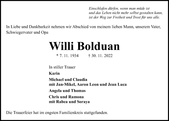 Traueranzeige von Willi Bolduan von Kieler Nachrichten