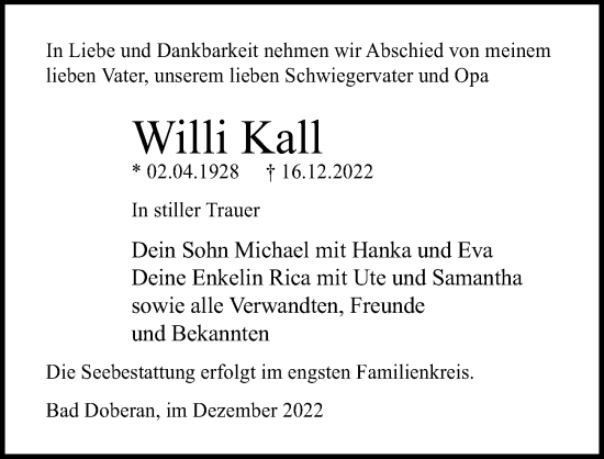 Traueranzeige von Willi Kall von Ostsee-Zeitung GmbH