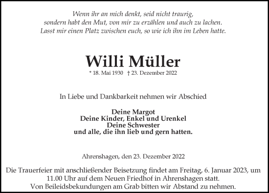 Traueranzeige von Willi Müller von Ostsee-Zeitung GmbH