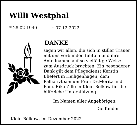 Traueranzeige von Willi Westphal von Ostsee-Zeitung GmbH