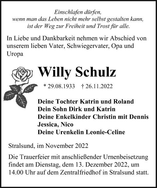 Traueranzeige von Willy Schulz von Ostsee-Zeitung GmbH
