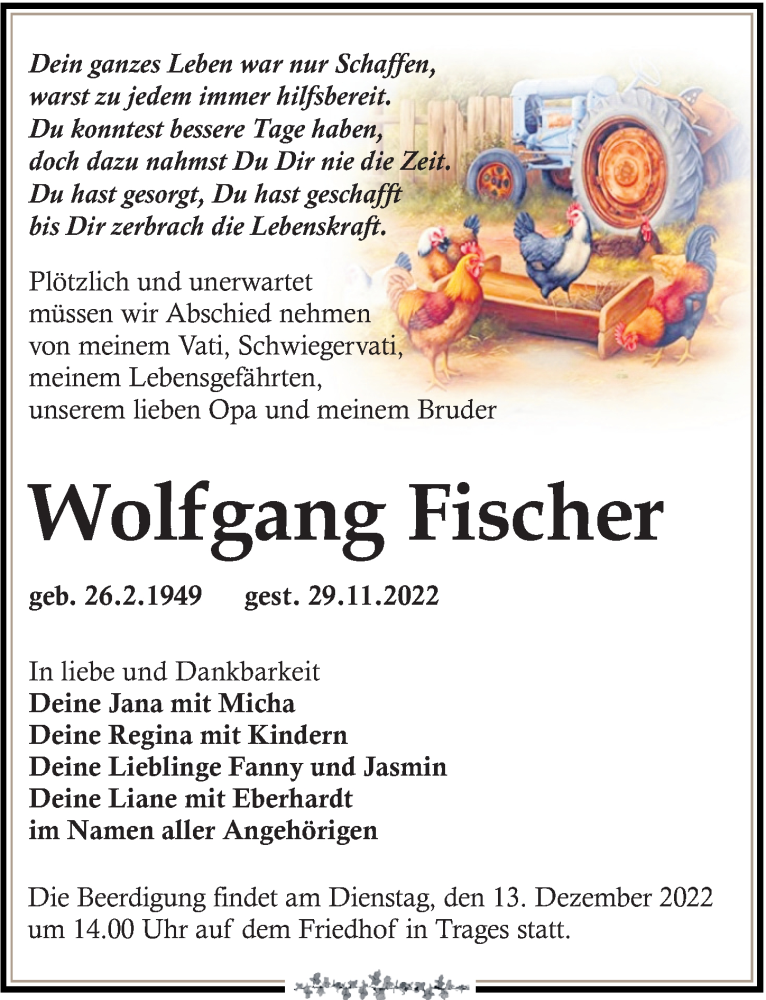  Traueranzeige für Wolfgang Fischer vom 03.12.2022 aus Leipziger Volkszeitung