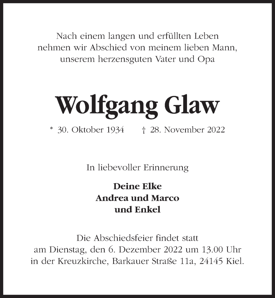 Traueranzeige für Wolfgang Glaw vom 03.12.2022 aus Kieler Nachrichten