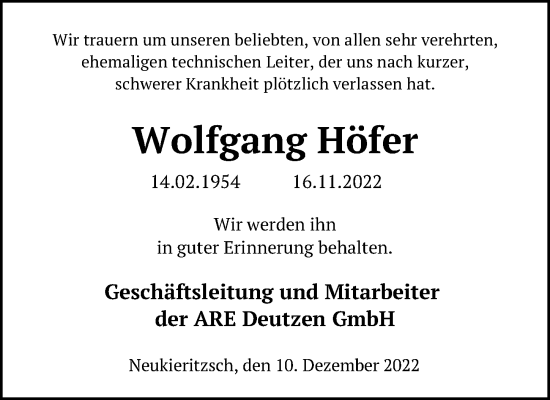 Traueranzeige von Wolfgang Höfer von Leipziger Volkszeitung