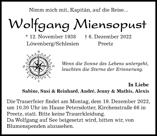 Traueranzeige von Wolfgang Miensopust von Kieler Nachrichten